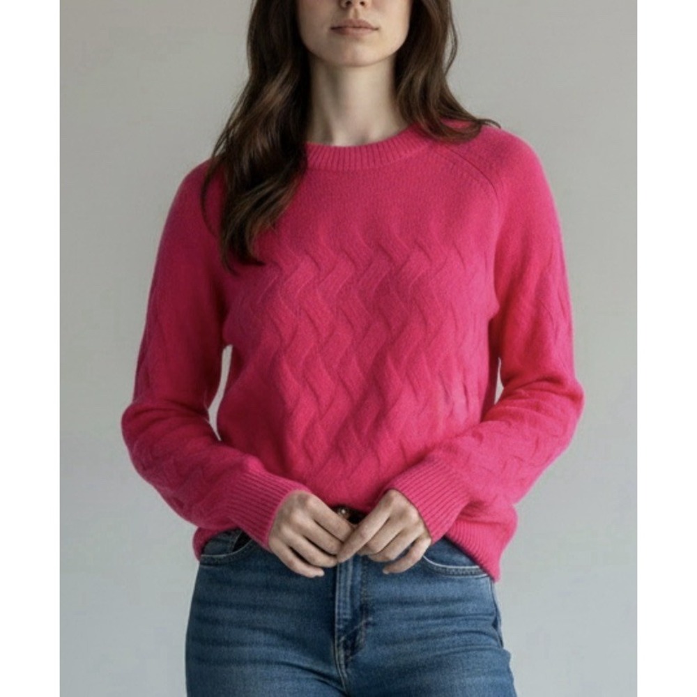 Forte 100% Cashmere Pink Wandering Cable Knit Crewneck Sweater L Coquette